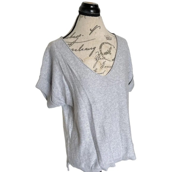 Dip Womens Sweater Top Size Medium Gray Short Sleeve Ribbed Roll Neckline Slit - Picture 7 of 12